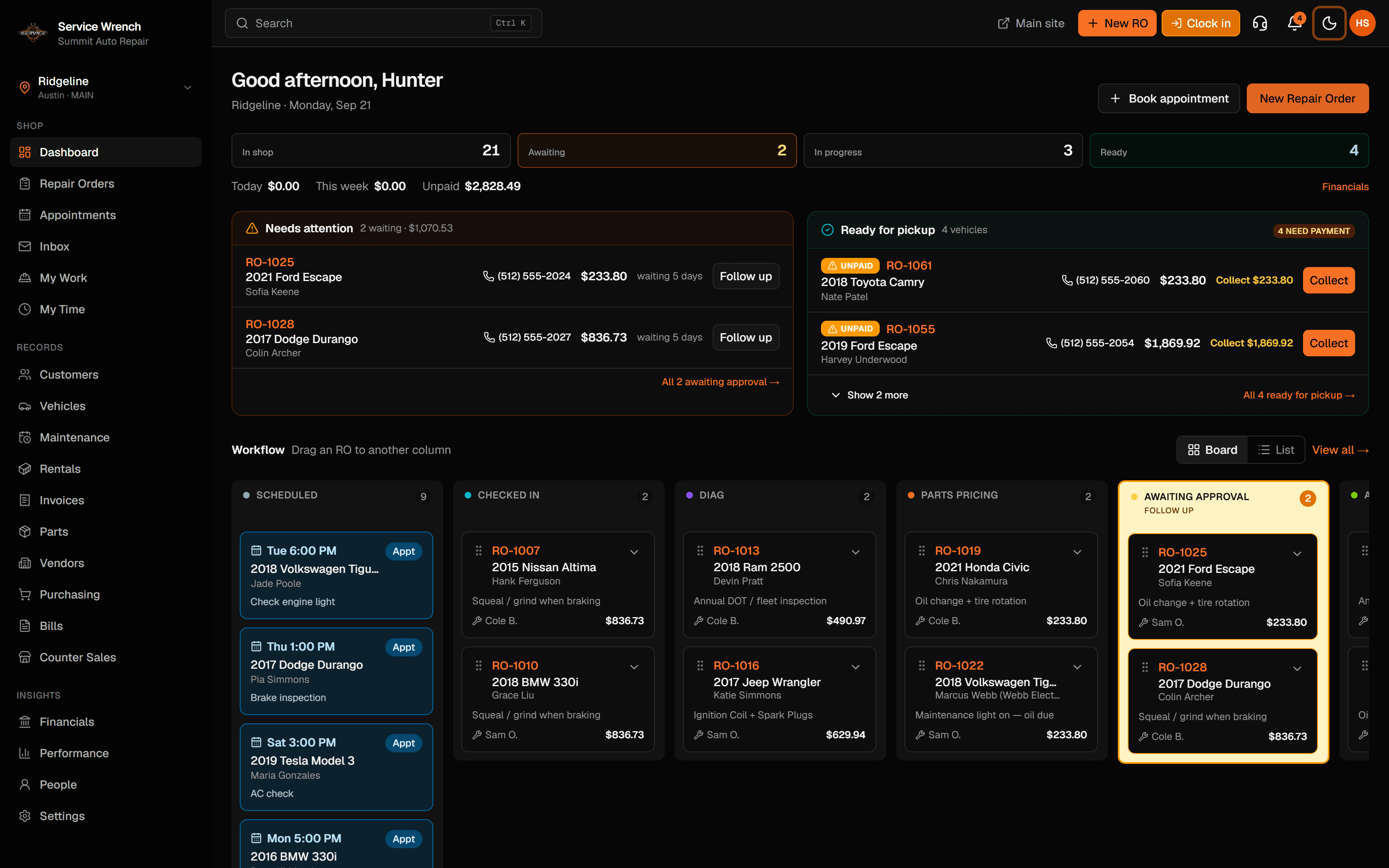 Service Wrench dashboard with sidebar, location switcher, and full workflow board