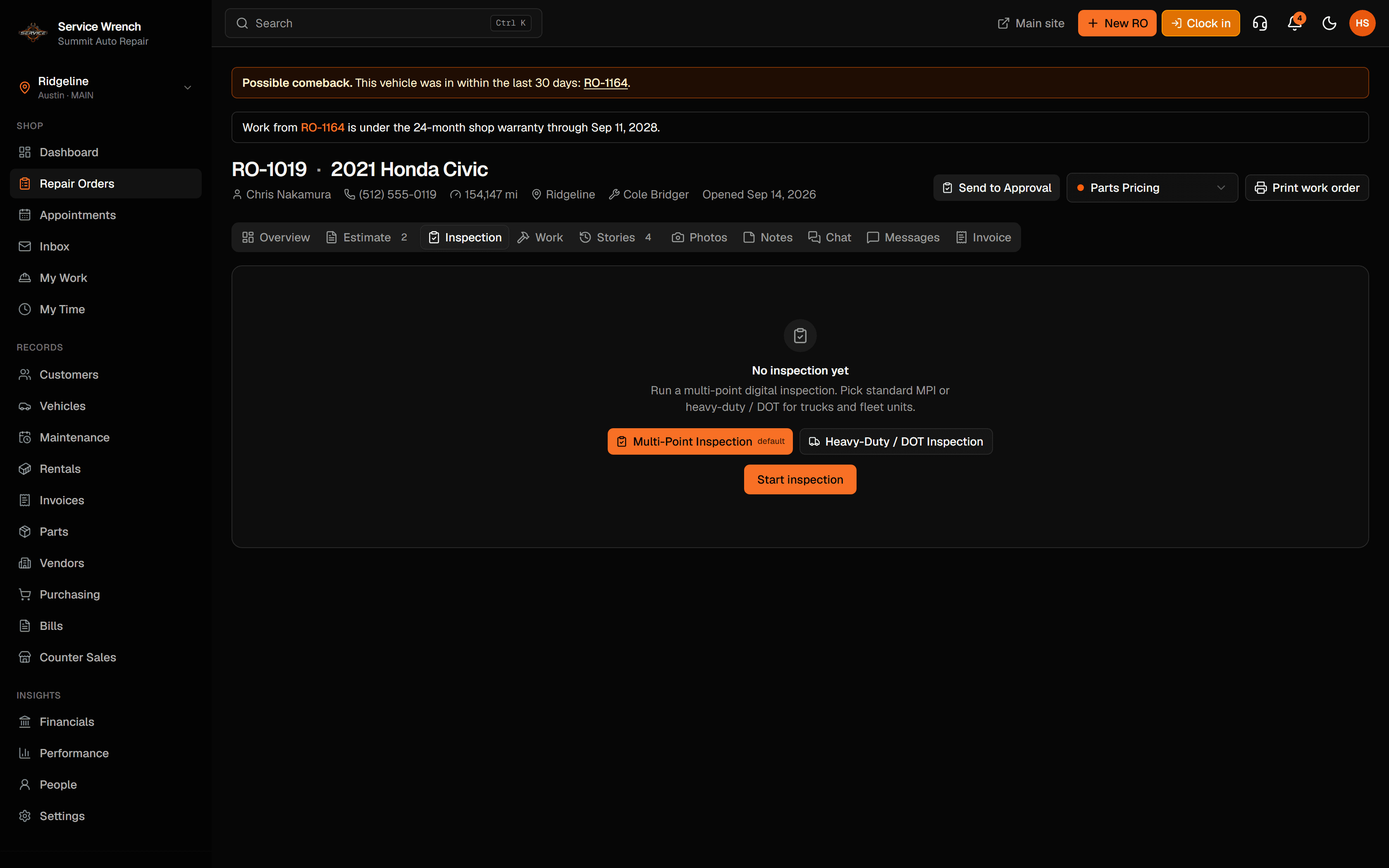 Multi-point inspection checklist on a repair order