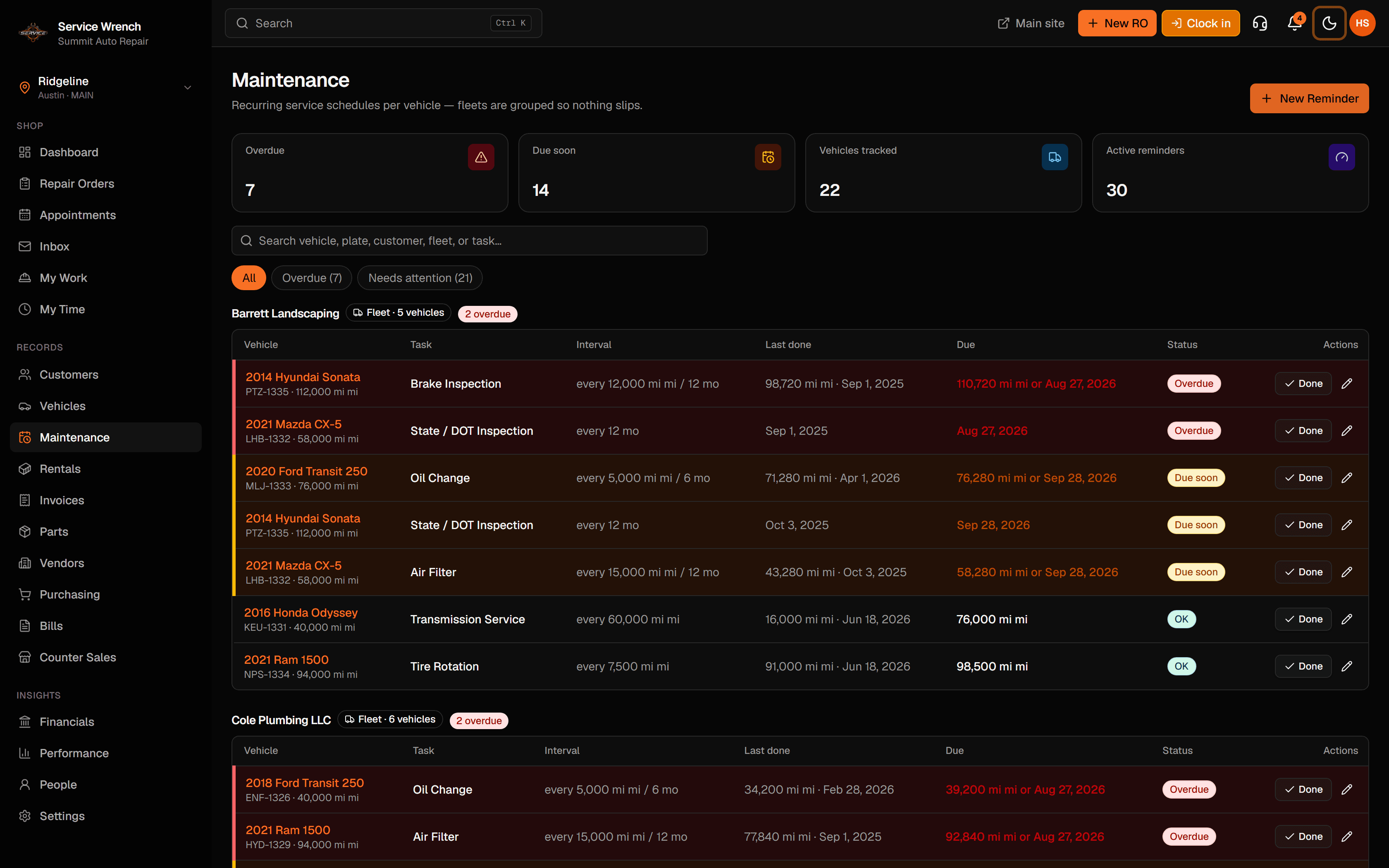 Maintenance reminders with overdue and due-soon fleet schedules