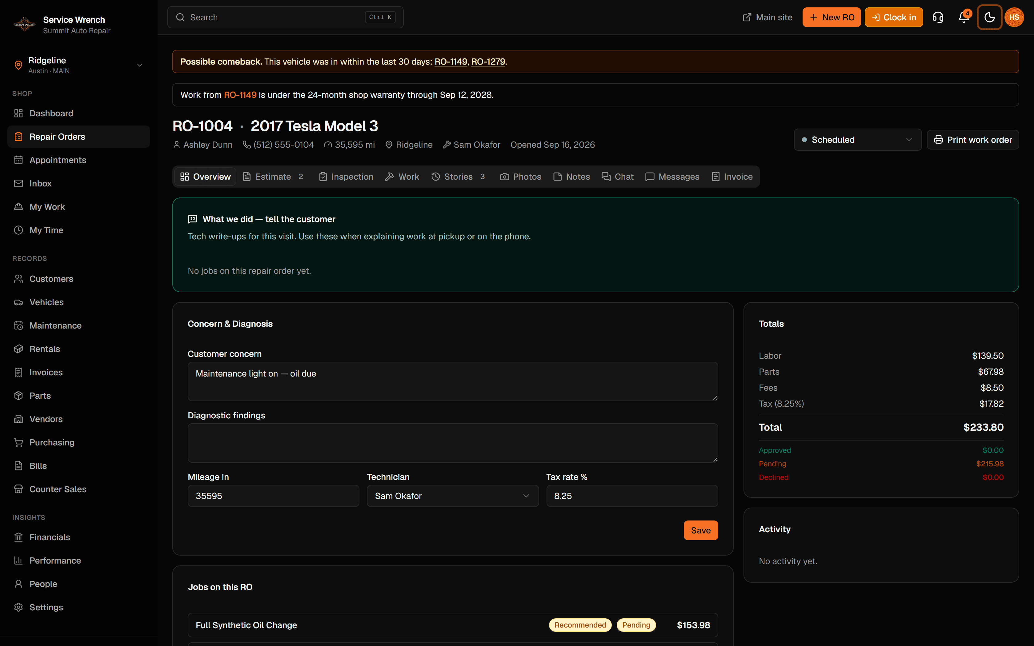 Repair order overview with customer, totals, and activity