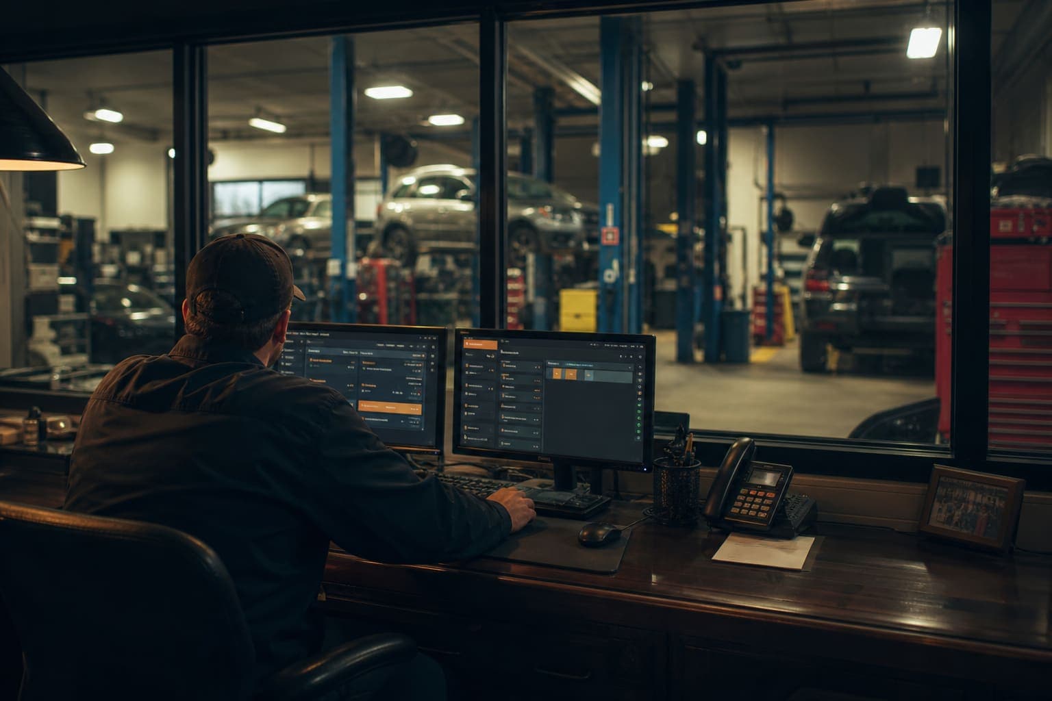 Service advisor at the shop desk running the workflow board