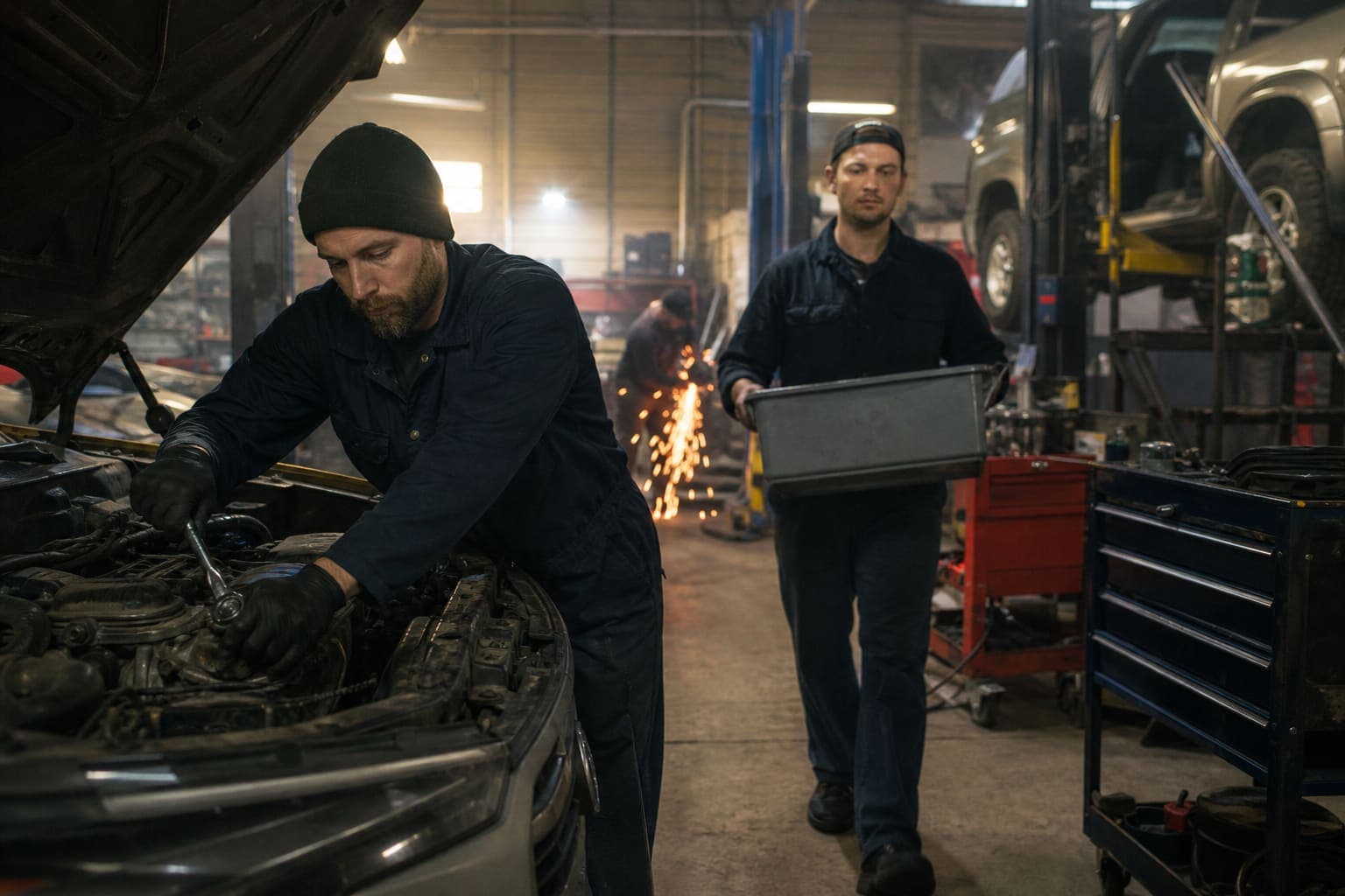 Technicians working a job in the shop bay
